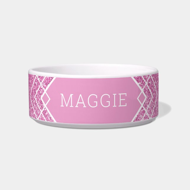 Personalized Pink Glitter Boho Pattern Pet Bowl (Front)