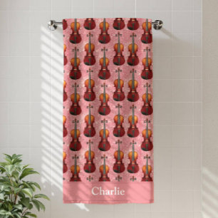 Personalized Pink Glitter Violin Beach Towel