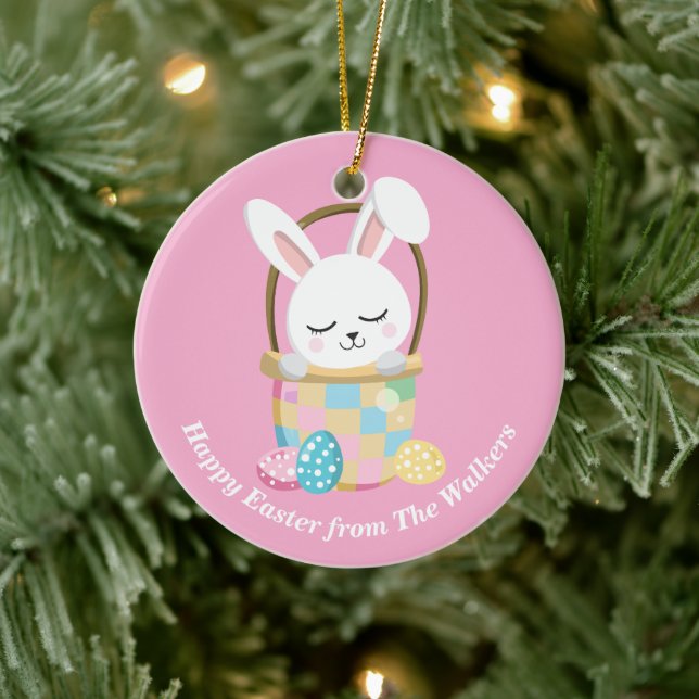 Personalized Pink Happy Easter Bunny Ceramic Tree Decoration (Tree)