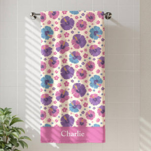 Personalized Pink Hibiscus Flower Beach Towel