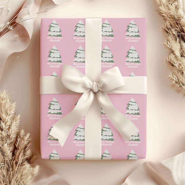 Personalized Pink Holiday Christmas Tree Wrapping Paper (Pink Snow Christmas Tree Wrapping Paper)