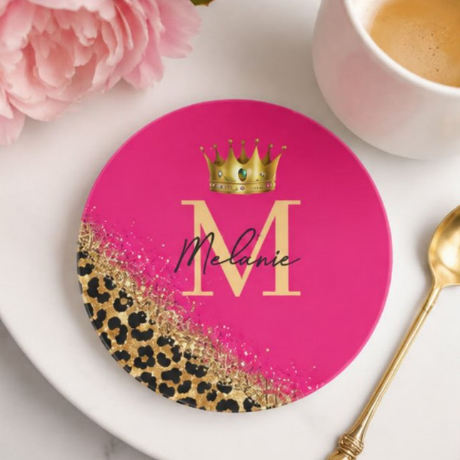 Personalized Pink Leopard Gold Glitter Monogram  Coaster (Creator Uploaded)
