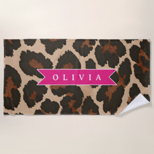 Personalized Pink Leopard Print Chic Animal Print Beach Towel
