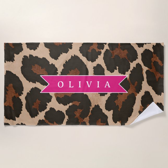 Personalized Pink Leopard Print Chic Animal Print Beach Towel (Front)