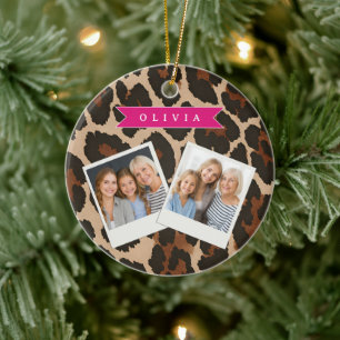 Personalized Pink Leopard Print Chic Animal Print Ceramic Tree Decoration