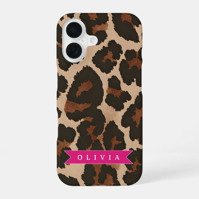 Personalized Pink Leopard Print Chic Animal Print iPhone 16 Case (Back)