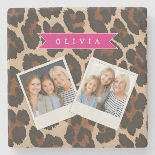 Personalized Pink Leopard Print Chic Animal Print Stone Coaster