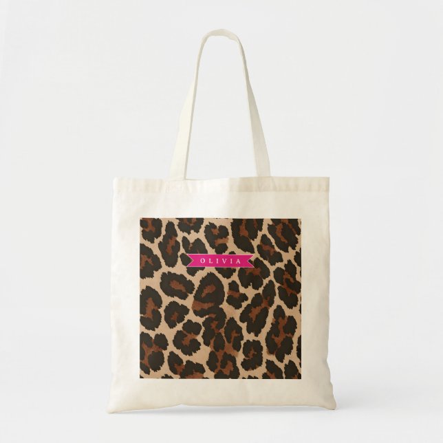 Personalized Pink Leopard Print Chic Animal Print Tote Bag (Front)