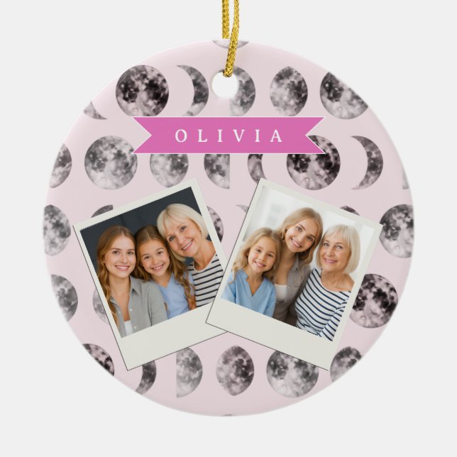 Personalized Pink Moon Phase Celestial Name Gift Ceramic Tree Decoration (Front)