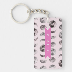 Personalized Pink Moon Phase Celestial Name Gift Key Ring