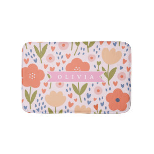 Personalized pink nordic cute folk floral pattern bath mat