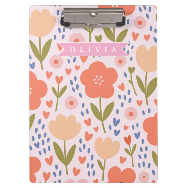 Personalized pink nordic cute folk floral pattern clipboard (Front)