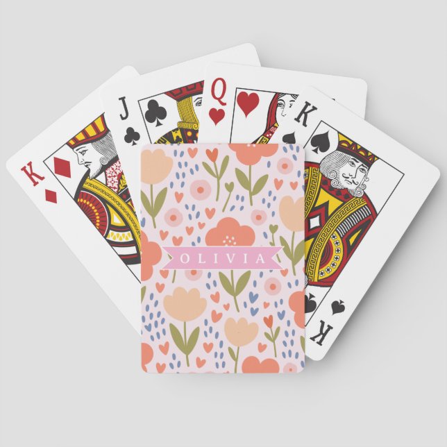 Personalized pink nordic cute folk floral pattern playing cards (Back)