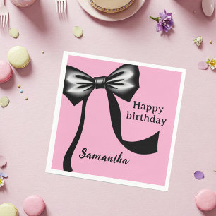 Personalized Pink Paper Napkins with Black Bow