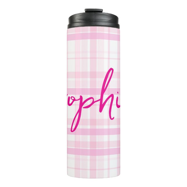 Personalized Pink Plaid Thermal Tumbler with Name  (Front)