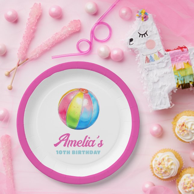 Personalized Pink Pool Party Paper Plate (Party)