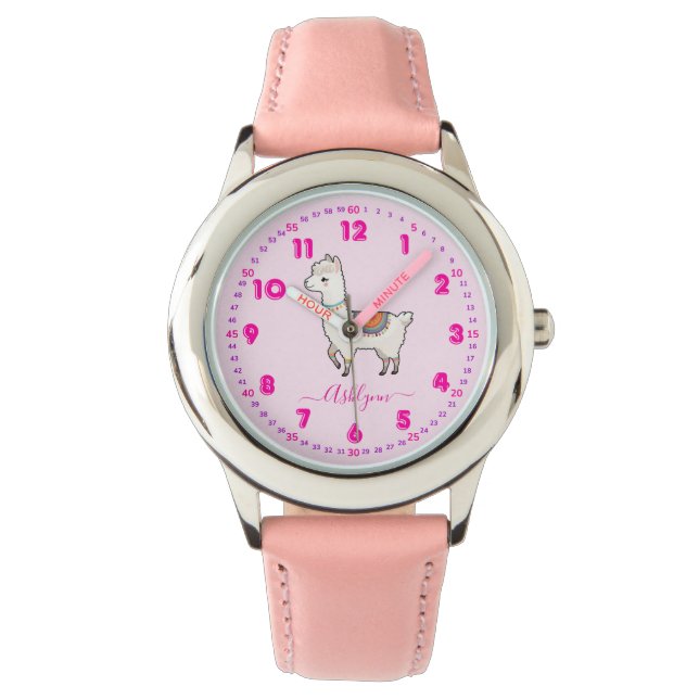 Personalized Pink Rainbow Llama Girls Learn Time Watch (Front)