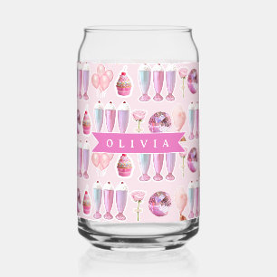 Personalized Pink Retro Milkshake Cute Coquette Can Glass
