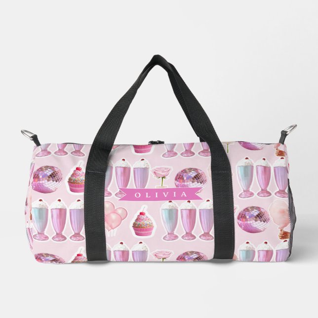 Personalized Pink Retro Milkshake Cute Coquette Duffle Bag (Front)