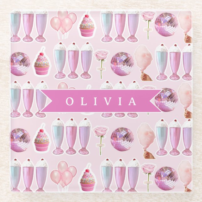 Personalized Pink Retro Milkshake Cute Coquette Glass Coaster (Front)