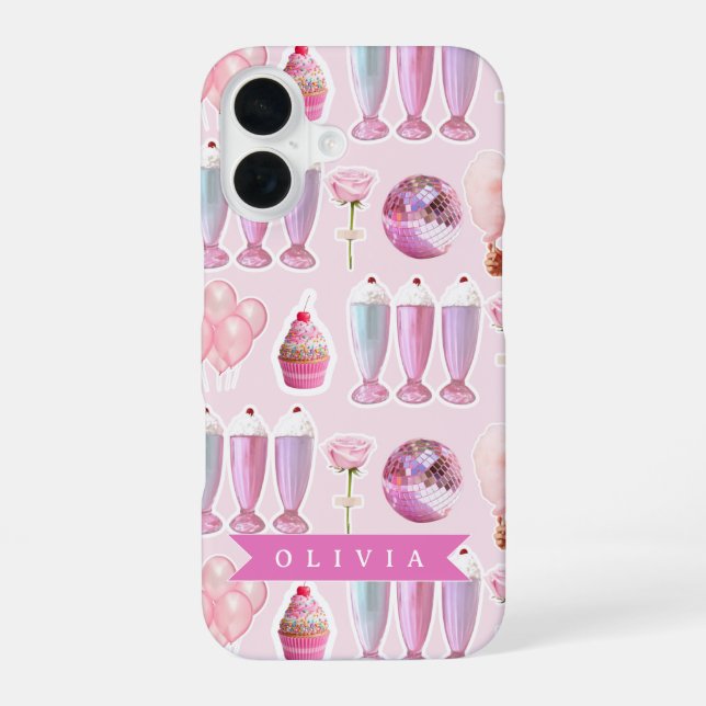 Personalized Pink Retro Milkshake Cute Coquette iPhone 16 Case (Back)
