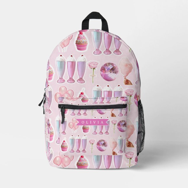 Personalized Pink Retro Milkshake Cute Coquette Printed Backpack (Front)