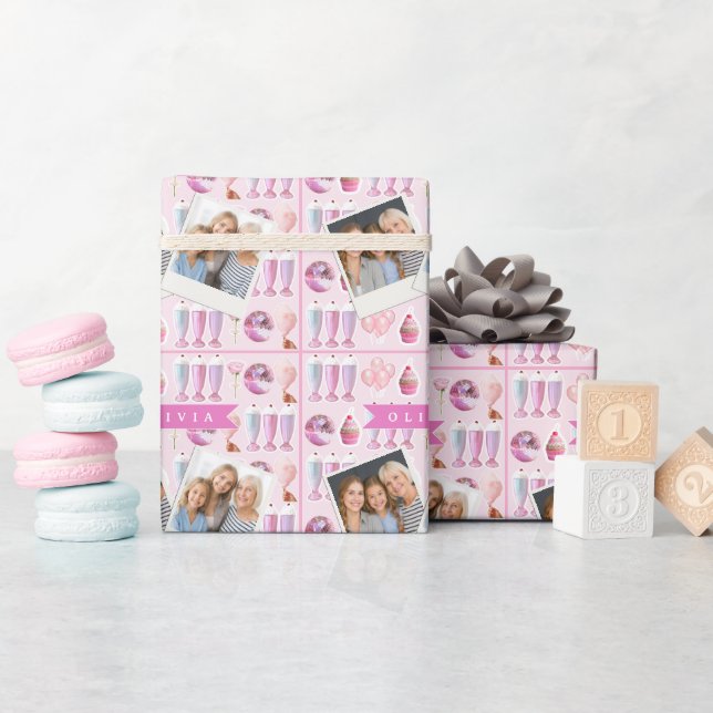 Personalized Pink Retro Milkshake Cute Coquette Wrapping Paper (Baby Shower)