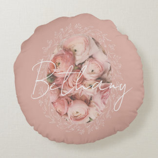 Personalized Pink Roses Romantic Elegant Vintage Round Cushion