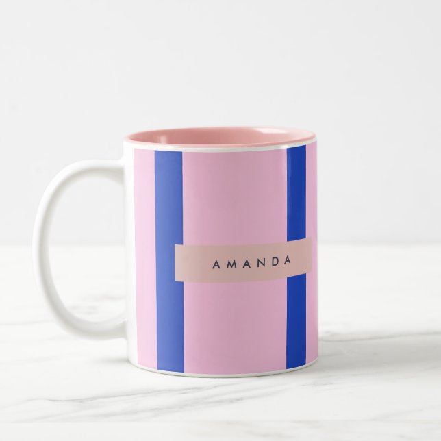 Personalized Pink & Royal Blue Stripe Design Two-Tone Coffee Mug (Left)