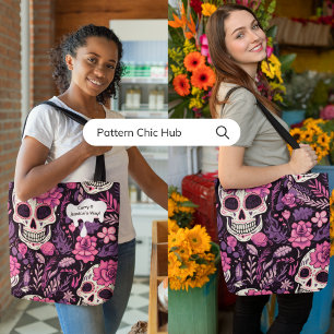 Personalized Pink Skull Floral Dia de los Muertos Tote Bag