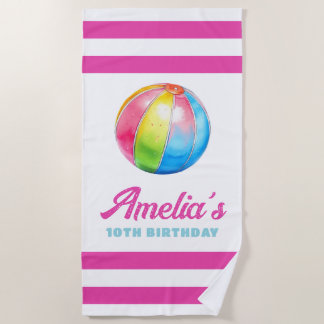 Personalized Pink Stripe with Colorful Pool Ball Beach Towel