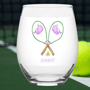 Personalized Pink Tennis Rackets with Whale Covers Stemless Wine Glass