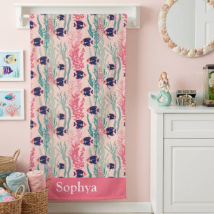 Personalized Pink Tropical Fish Bath Towel