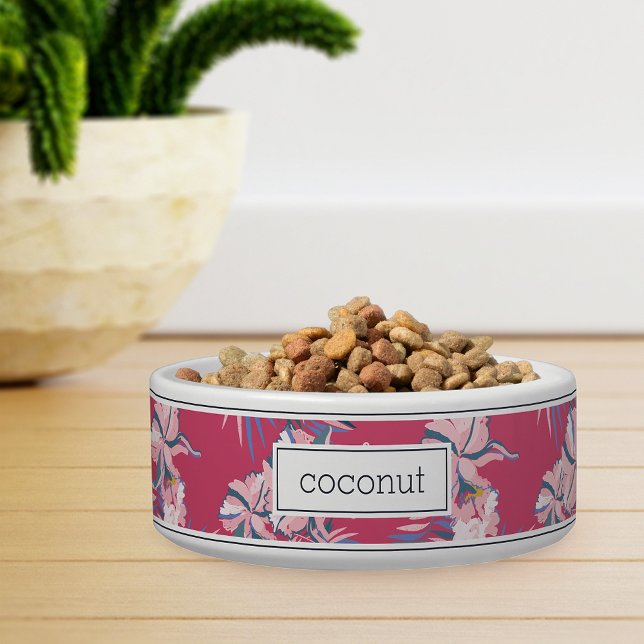 Personalized Pink Tropical Floral Pattern Pet Bowl (Creator Uploaded)