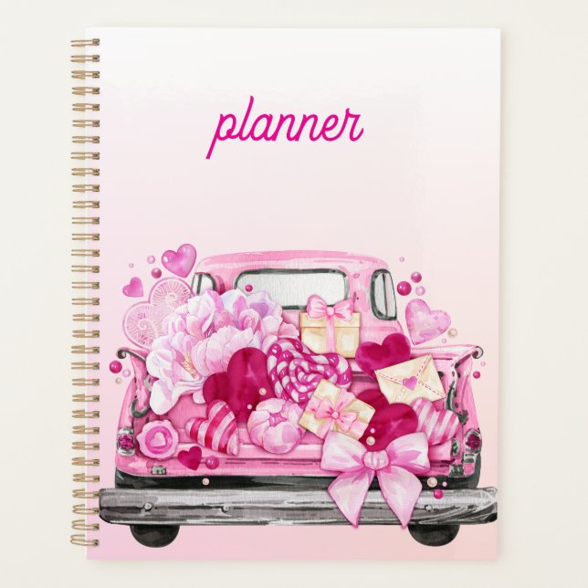 Personalized Pink Valentine Truck Planner Cover (Front)