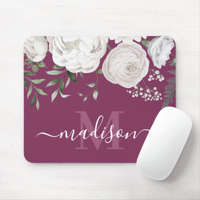 Personalized Pink White Floral Name Monogram Mouse Pad (With Mouse)