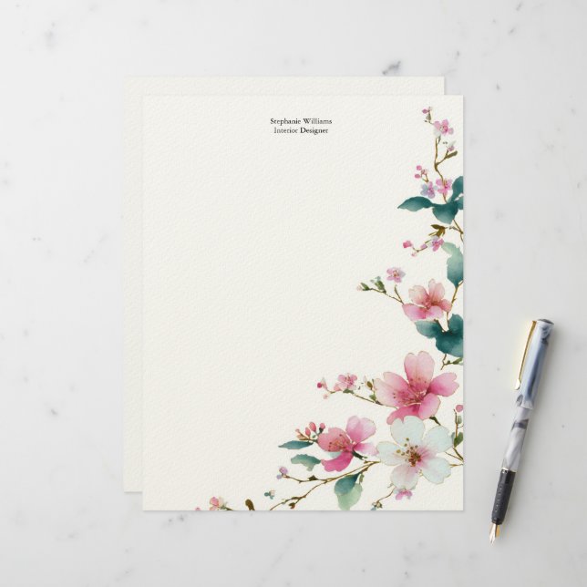 Personalized  Pink White Wildflowers Florals  Custom Letterhead (Front/Back In Situ)