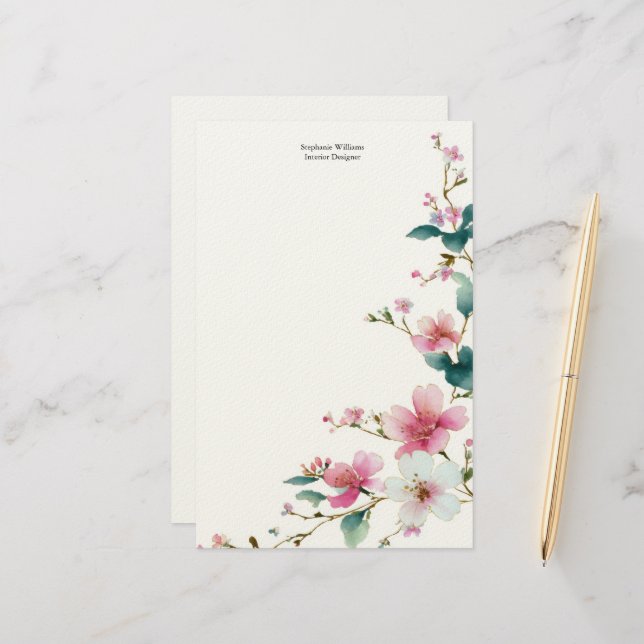 Personalized  Pink White Wildflowers Florals  Stationery (Front/Back In Situ)
