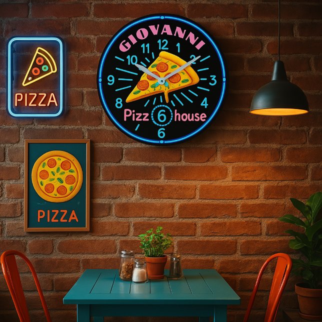 Personalized pizzeria neon custom pizza house  large clock (Creator Uploaded)