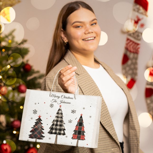 Personalized Plaid Christmas Trees Family Name Large Gift Bag (Creator Uploaded)