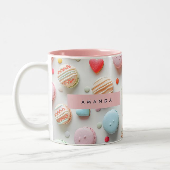 Personalized Playful Pastel Macaron & Candy Heart  Two-Tone Coffee Mug (Left)