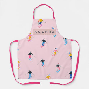 Personalized Playful Pastel Skiers Retro Apron