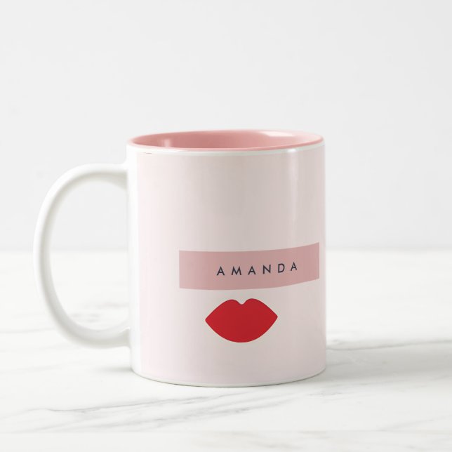 Personalized Playful Red Lips on Blush  Two-Tone Coffee Mug (Left)