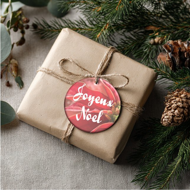 Personalized Poinsettia Joyeux Noel Ceramic Tree Decoration (Artistic Dual-Use! This personalized harlequin ornament doubles as a luxury gift tag.)