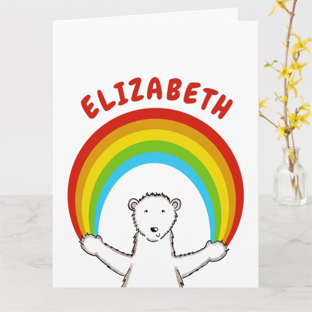 Personalized Polar Bear and Rainbow Birthday  Card (Yellow Flower)