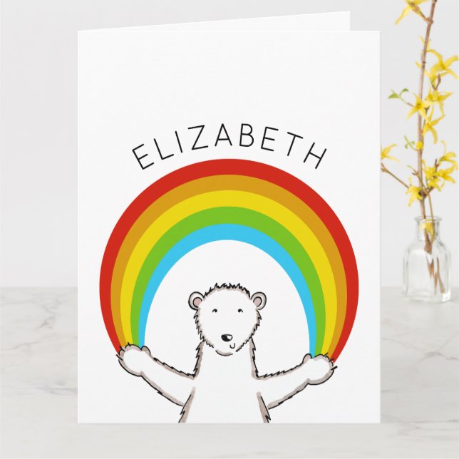Personalized Polar Bear and Rainbow Birthday  Card (Yellow Flower)