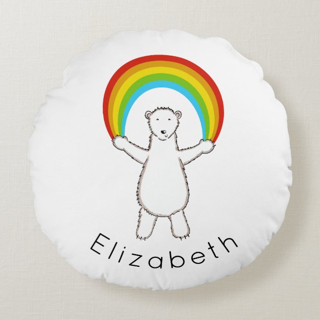Personalized Polar Bear and Rainbow Round cushion (Front)