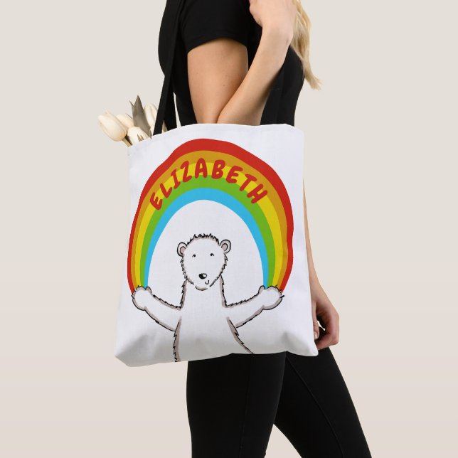 Personalized Polar Bear and Rainbow Tote Bag (Close Up)