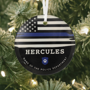 Personalized Police Dog K9 Officer Thin Blue Line Glass Tree Decoration