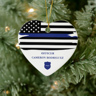 Personalized Police Officer Thin Blue Line Flag Ceramic Tree Decoration
